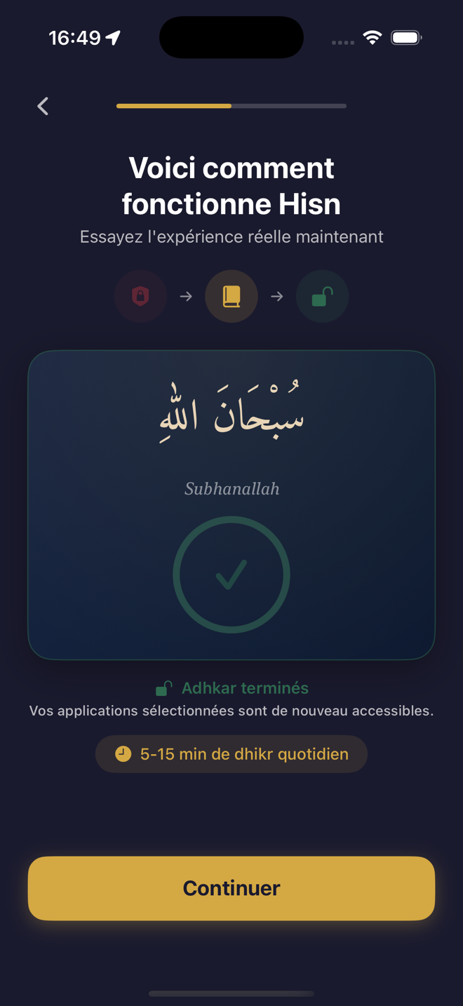 Capture authentique de l’interface française de Hisn sur iPhone montrant une routine d’adhkar terminée et les applications sélectionnées de nouveau disponibles