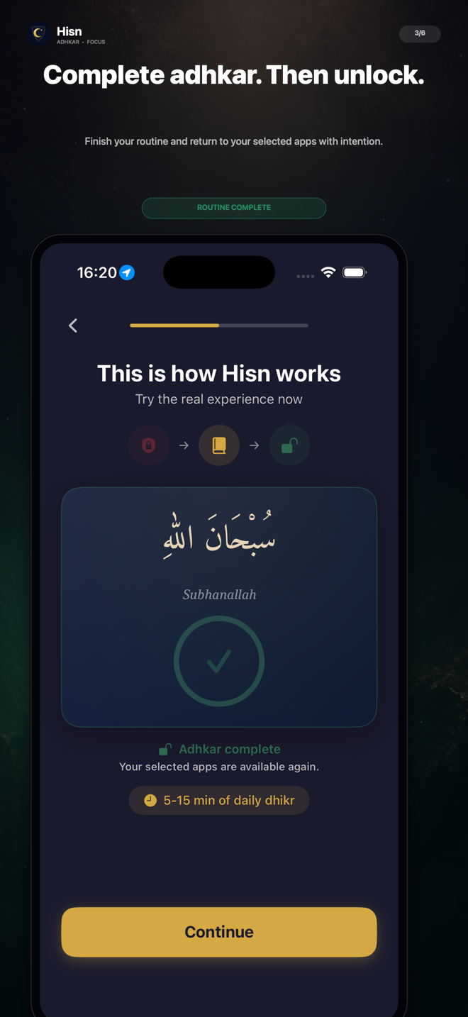 Authentic Hisn completion screen showing selected apps available again