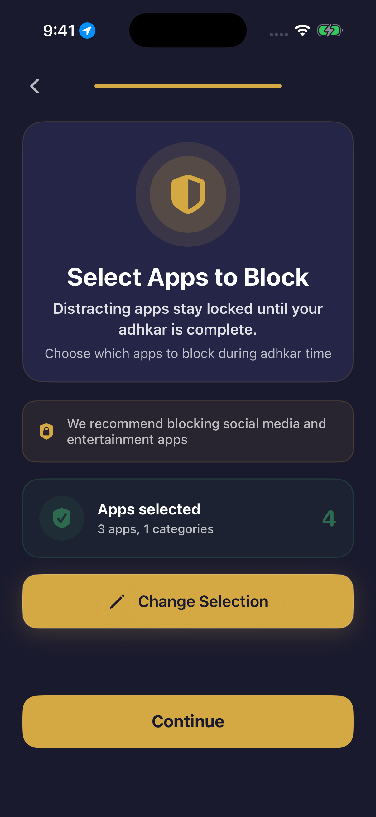 Authentic Hisn iPhone screen showing the user-controlled selection of apps that can wait during a configured focus routine