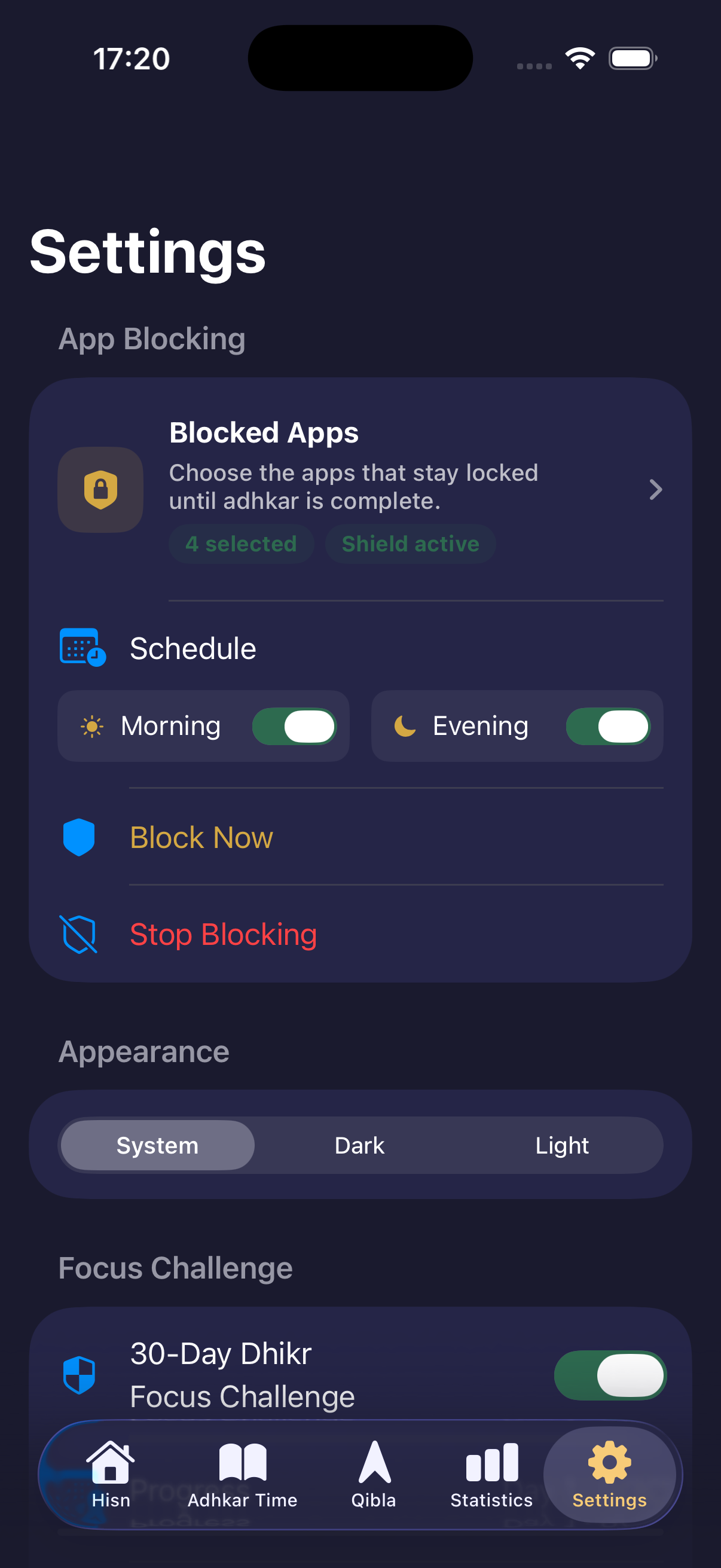 Authentic Hisn iPhone settings screen showing selected blocked apps and morning and evening focus schedules
